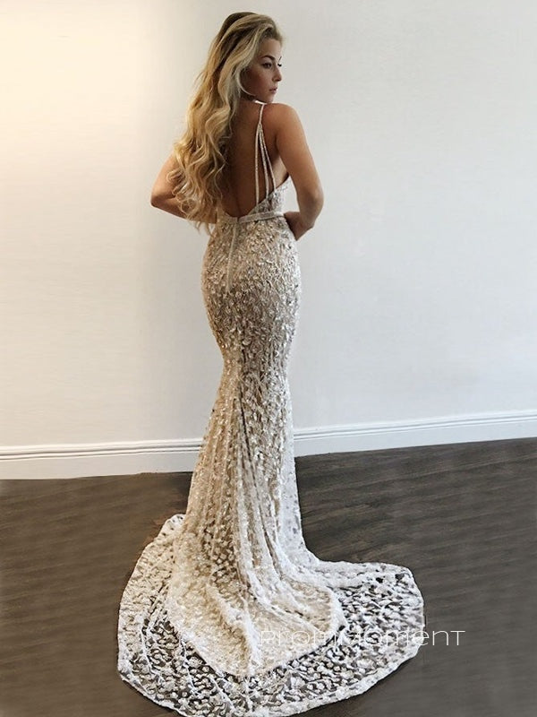 Deep V-neck Mermaid Long Lace Evening Prom Dresses, Cheap Custom Spaghetti Straps Prom Dresses, PM0072