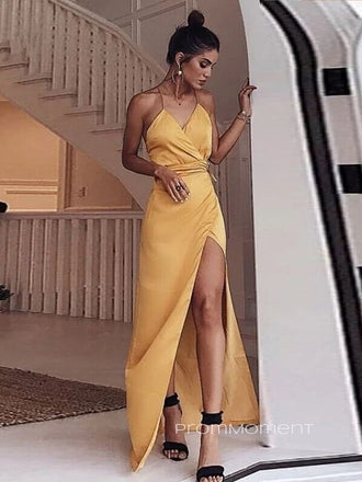 Simple Spaghetti Straps Yellow Long Evening Prom Dresses, Cheap Custom Mermaid Prom Dresses, PM0074