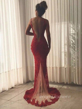 Sexy Deep V-neck Mermaid Dark Red Long Evening Prom Dresses, Cheap Custom Prom Dresses, PM0075