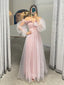 Formal Pink Tulle Off Shoulder A-line Long Evening Prom Dresses, Cheap Custom Long Sleeves Prom Dresses, PM0077