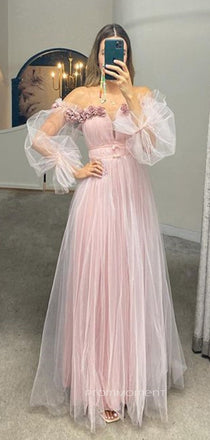 Formal Pink Tulle Off Shoulder A-line Long Evening Prom Dresses, Cheap Custom Long Sleeves Prom Dresses, PM0077