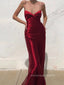 Red Satin Mermaid Spaghetti Straps Long Evening Prom Dresses, Cheap Custom V-neck Prom Dresses, PM0078