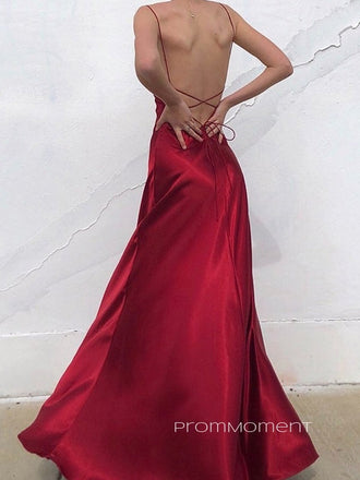 Red Satin Mermaid Spaghetti Straps Long Evening Prom Dresses, Cheap Custom V-neck Prom Dresses, PM0078