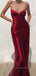 Red Satin Mermaid Spaghetti Straps Long Evening Prom Dresses, Cheap Custom V-neck Prom Dresses, PM0078