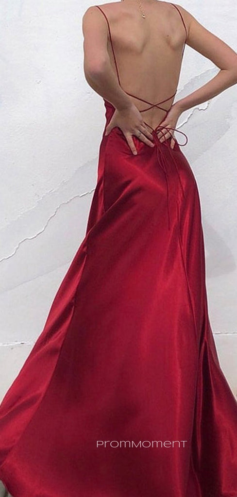 Red Satin Mermaid Spaghetti Straps Long Evening Prom Dresses, Cheap Custom V-neck Prom Dresses, PM0078