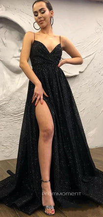A-line Black Sparkly Spaghetti Straps Long Evening Prom Dresses, Cheap Custom V-neck Prom Dresses, PM0079