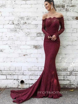Mermaid Off Shoulder Burgundy Lace Long Evening Prom Dresses, Cheap Custom Long Sleeves Prom Dresses, PM0080