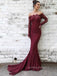Mermaid Off Shoulder Burgundy Lace Long Evening Prom Dresses, Cheap Custom Long Sleeves Prom Dresses, PM0080