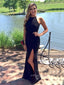 Simple Mermaid Side Slit Black Long Evening Prom Dresses, Cheap Halter Custom Prom Dresses, PM0084