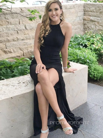 Simple Mermaid Side Slit Black Long Evening Prom Dresses, Cheap Halter Custom Prom Dresses, PM0084