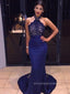 Royal Blue Satin Appliques Mermaid Halter Long Evening Prom Dresses, Cheap Custom Prom Dresses, PM0085