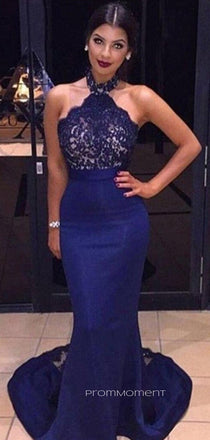 Royal Blue Satin Appliques Mermaid Halter Long Evening Prom Dresses, Cheap Custom Prom Dresses, PM0085