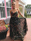 A-line Black Lace Long Evening Prom Dresses, Cheap Custom Spaghetti Straps Prom Dresses, PM0087