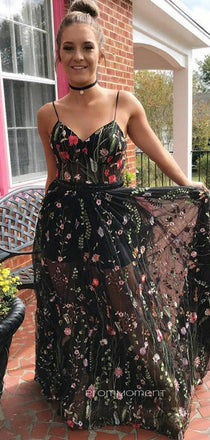 A-line Black Lace Long Evening Prom Dresses, Cheap Custom Spaghetti Straps Prom Dresses, PM0087