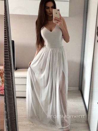 Popular A-line Tulle V-neck Long Evening Prom Dresses, Spaghetti Straps Custom Prom Dresses, PM0088