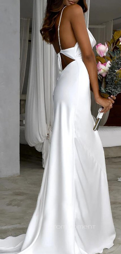 Simple White Satin Spaghetti Straps Long Evening Prom Dresses, Cheap Custom Wedding Dresses, PM0090