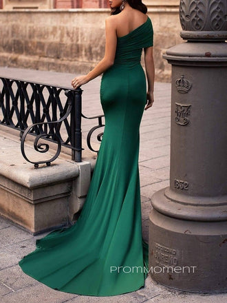 Emerald Green Satin One Shoulder Sheath Long Evening Prom Dresses, Cheap Custom Mermaid Prom Dress, PM0091