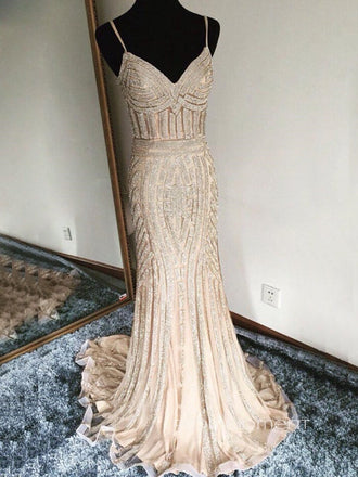 Formal Mermaid Spaghetti Straps Long Evening Prom Dresses, Cheap Custom V-neck Prom Dress, PM0093