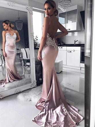Sexy Sheath Satin Appliques Spaghetti Straps Long Evening Prom Dresses, Cheap Custom Mermaid Prom Dress, PM0095