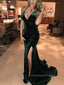 Sexy Deep V-neck Dark Green Velvet Mermaid Long Evening Prom Dresses, Cheap Custom Prom Dress, PM0097