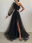 Gorgeous Tulle A-line High Slit Long Evening Prom Dresses, Cheap Custom Long Sleeves Prom Dress, PM0098