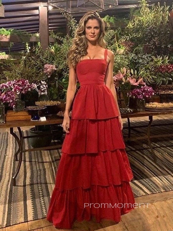 Morden A-line Straps Red Long Evening Prom Dresses, Cheap Custom Prom Dress, PM0100