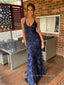 Gorgeous Mermaid  Navy Blue Tulle Appliques Long Evening Prom Dresses, Cheap Custom V-neck Prom Dress, PM0101