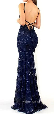 Gorgeous Mermaid  Navy Blue Tulle Appliques Long Evening Prom Dresses, Cheap Custom V-neck Prom Dress, PM0101