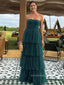 Strapless Dark Green Tulle Long Evening Prom Dresses, Cheap Custom A-line Prom Dress, PM0102