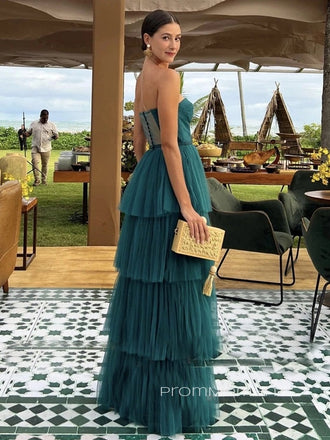 Strapless Dark Green Tulle Long Evening Prom Dresses, Cheap Custom A-line Prom Dress, PM0102