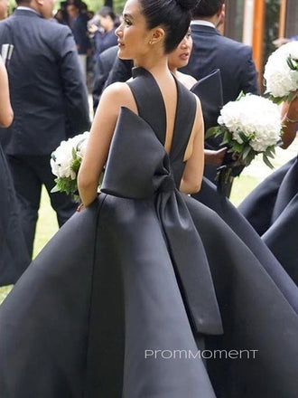 A-line Black Satin Long Evening Prom Dresses, Cheap Custom Prom Dress, PM0103