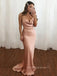 Cowl-neck Rose Gold Satin Mermaid Long Evening Prom Dresses, Cheap Custom Spaghetti Straps Prom Dress, PM0104