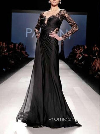 Sexy Blace Lace Long Sleeves Long Evening Prom Dresses, Cheap Custom High Slit Prom Dress, PM0105