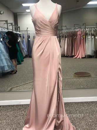 Rose Gold Satin Mermaid Side Slit Long Evening Prom Dresses, Cheap Custom Prom Dress, PM0109