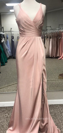 Rose Gold Satin Mermaid Side Slit Long Evening Prom Dresses, Cheap Custom Prom Dress, PM0109