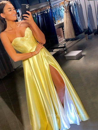 Sweetheart Yellow Satin A-line Strapless Long Evening Prom Dresses, Cheap Custom Side Slit Prom Dress, PM0110