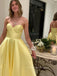 Sweetheart Yellow Satin A-line Strapless Long Evening Prom Dresses, Cheap Custom Side Slit Prom Dress, PM0110