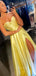 Sweetheart Yellow Satin A-line Strapless Long Evening Prom Dresses, Cheap Custom Side Slit Prom Dress, PM0110