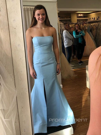 Simple Strapless Mermaid Long Evening Prom Dresses, Cheap Custom Side Slit Prom Dress, PM0111