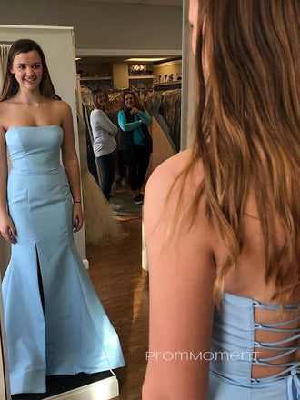 Simple Strapless Mermaid Long Evening Prom Dresses, Cheap Custom Side Slit Prom Dress, PM0111