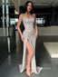 Simple Strapless Mermaid Sequins Long Evening Prom Dresses, Cheap High Slit Prom Dress, PM0115