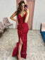 Mermaid Red Sequins Side Slit Long Evening Prom Dresses, V-neck Custom Prom Dress, PM0122