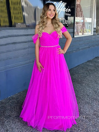 Off Shoulder A-line Tulle Long Evening Prom Dresses, PM0125