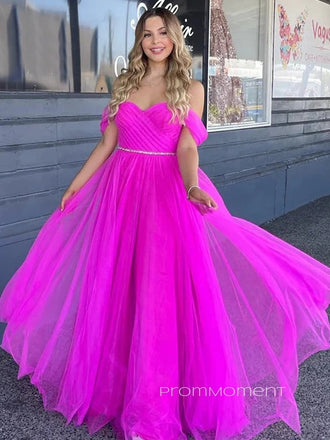 Off Shoulder A-line Tulle Long Evening Prom Dresses, PM0125