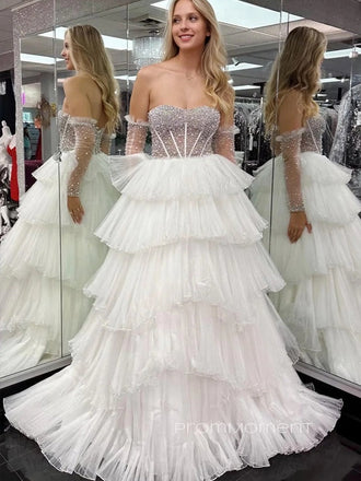 Sweetheart A-line Beaded White Long Evening Prom Dresses, Long Sleeves Prom Dress, PM0126