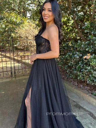 Black Tulle A-line Strapless Long Evening Prom Dresses, Side Slit Custom Prom Dress, PM0127