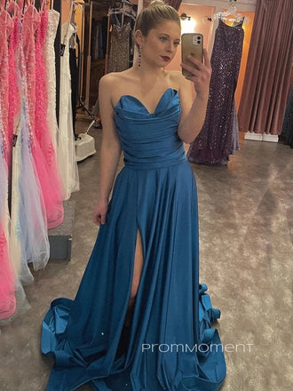 Sweetheart A-line Satin Side Slit Long Evening Prom Dresses, PM0128