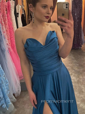 Sweetheart A-line Satin Side Slit Long Evening Prom Dresses, PM0128