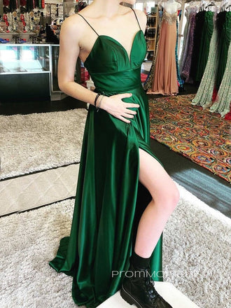 Emerald Green Satin Side Slit Long Evening Prom Dresses, A-line Prom Dress, PM0130
