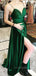 Emerald Green Satin Side Slit Long Evening Prom Dresses, A-line Prom Dress, PM0130